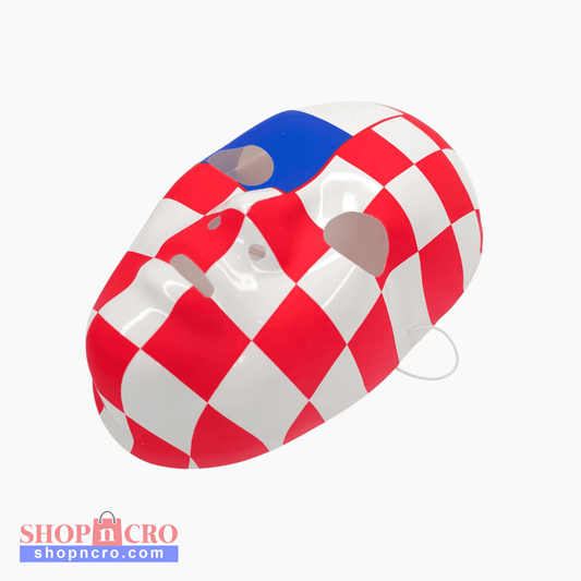 Costume Mask Red and white checkered mask with blue accents on a white background