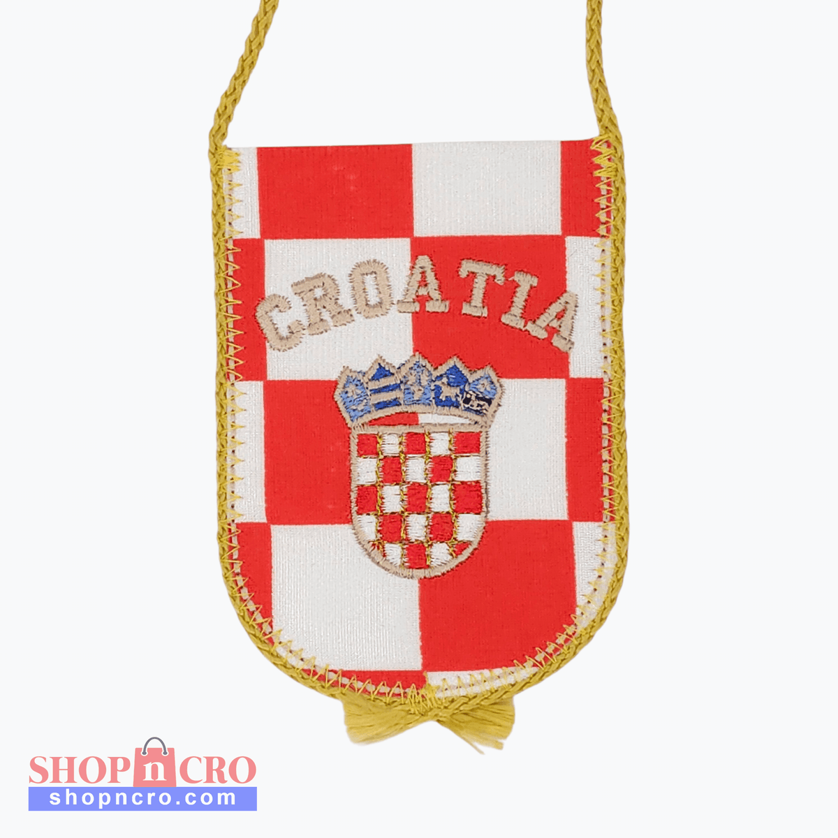 Croatia-Hrvatska Check Car Flag. Croatian flag-themed pouch with 'CROATIA' text and coat of arms on a white background