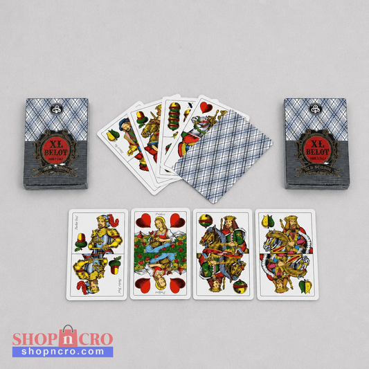 A set of illustrated playing cards and two matching card boxes arranged on a light gray background. The cards and boxes feature a blue plaid pattern with a central red oval label reading 'XL. Croatia BELOT Playing Cards - XL Size shopncro