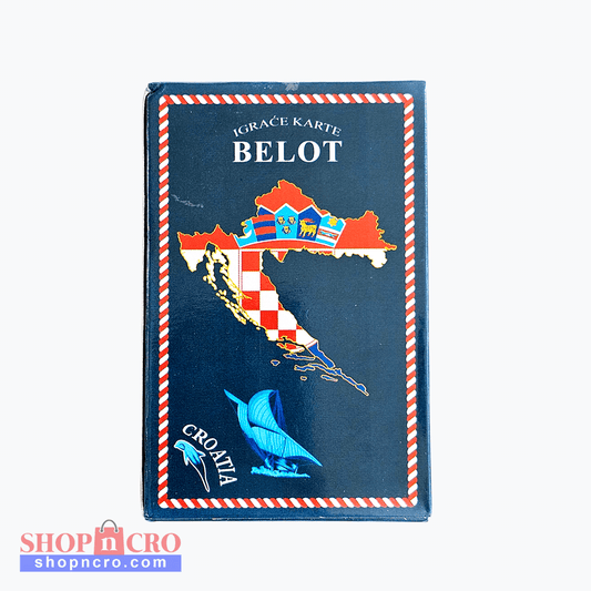 Croatia Belot Playing Cards Croatian Belot card game box with map design on a white background