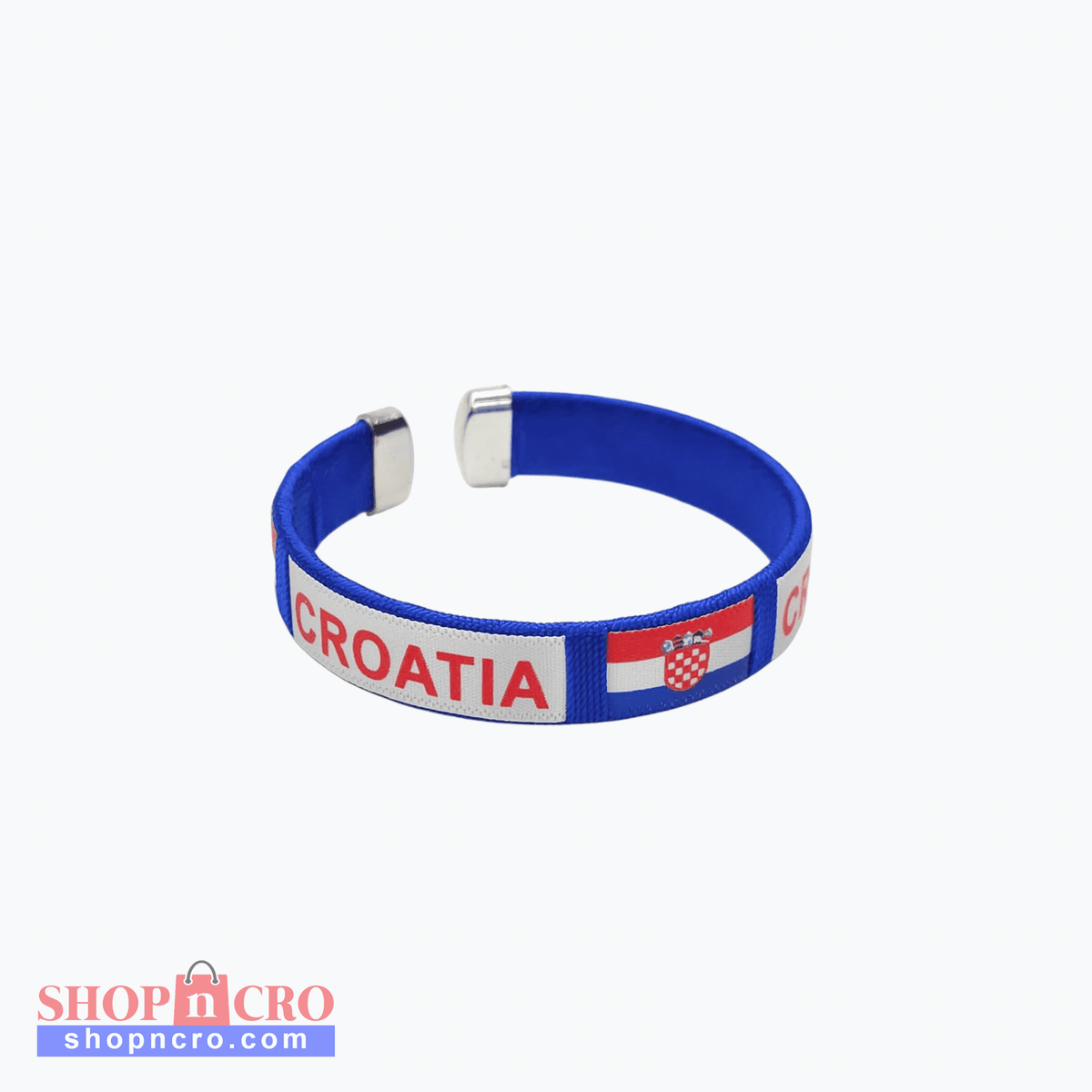 Croatia Blue Slim Cuff Bracelet Blue wristband with 'CROATIA' text and flag design on a white background