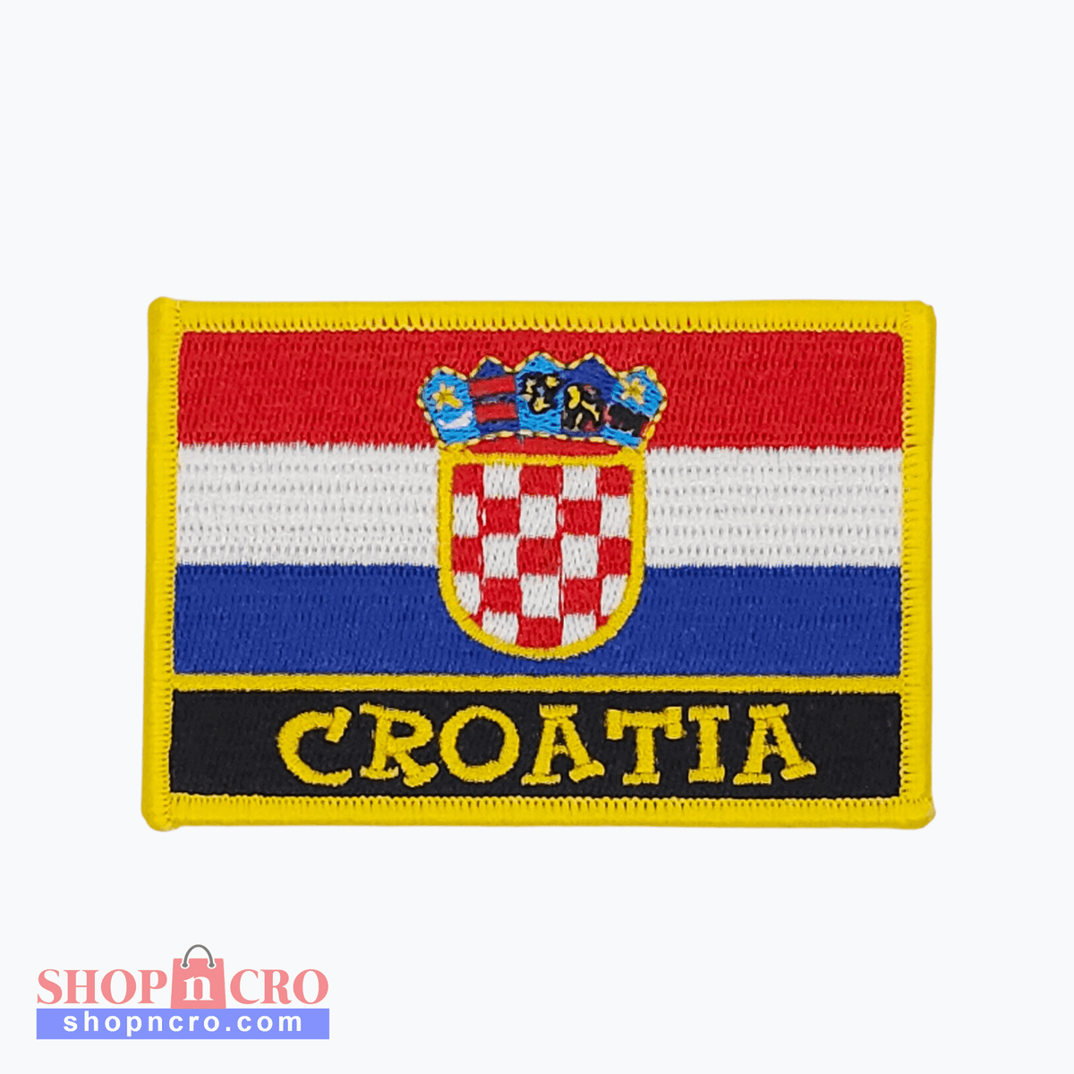Croatia Flag Black Label Large Clothes Patch. Embroidered patch with Croatian flag design and 'CROATIA' text on a white background