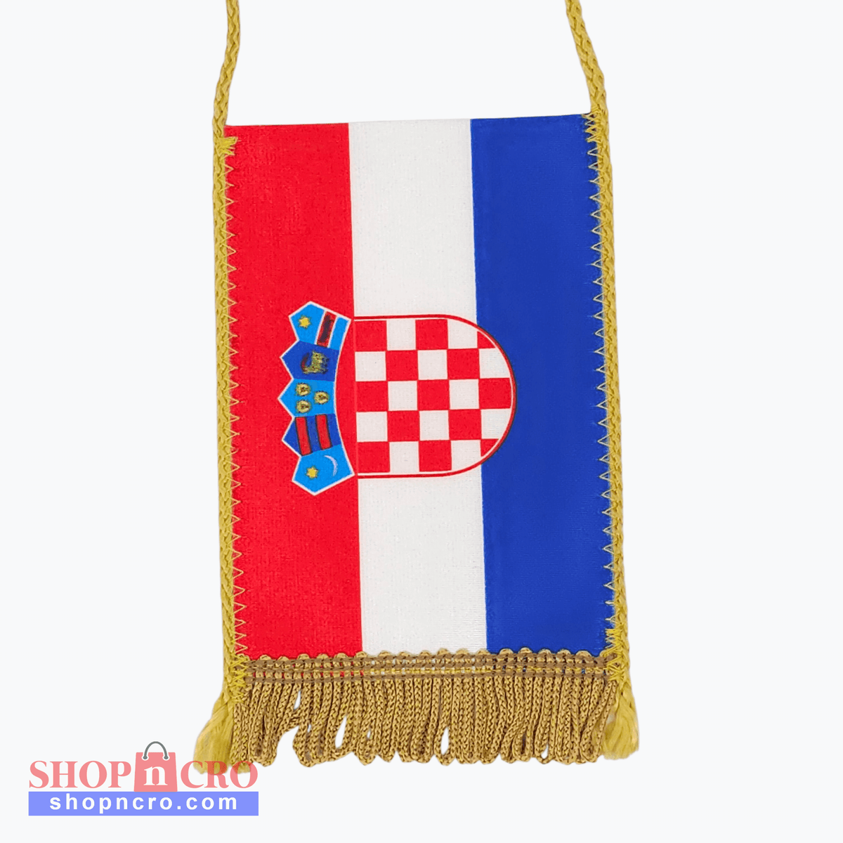Croatia Horizontal Car Flag. Flag with red, white, and blue stripes featuring a crest on a white background