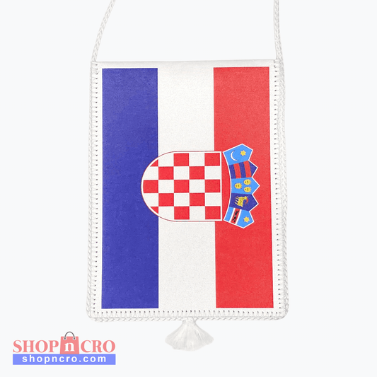 Croatia Horizontal Sheen Car Flag, Croatian flag-themed pouch with a coat of arms on a white background