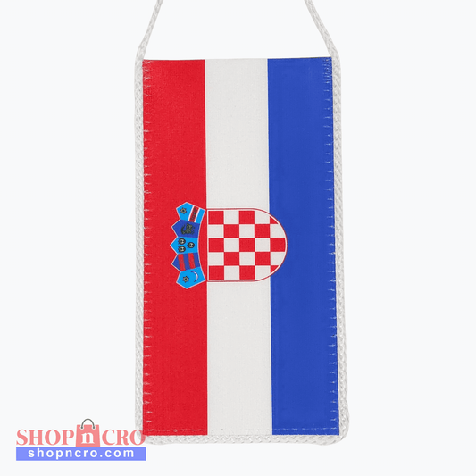 Croatia Long Vertical Car Flag. Hanging flag with red, white, and blue stripes and a central emblem on a white background