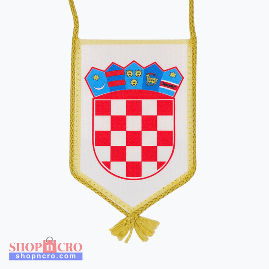 Croatia Vertical Car Flag. Crested banner with red and white checkered design on a white background