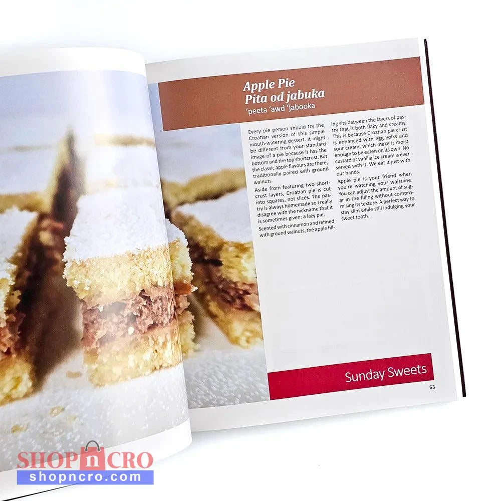Croatian Desserts: Cookbook in English Language Open book showing a recipe for Apple Pie with a close-up of the dessert on a white background.