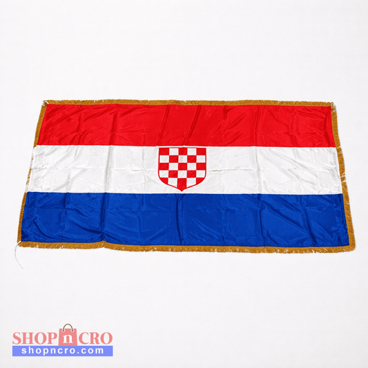 Croatian historic Silk Flag Prvo Bijelo Polje 200cm by 100cmFlag with red, white, and blue horizontal stripes and a coat of arms in the center on a white background