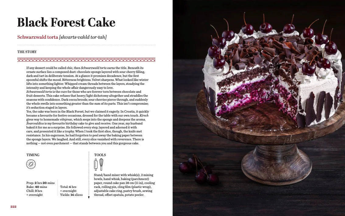 Croatian Sweets: Cookbook in English Language Black Forest Cake on a wooden stand with text on the left side.