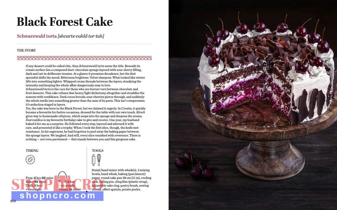 Croatian Sweets: Cookbook in English Language Black Forest Cake on a wooden stand with text on the left side.
