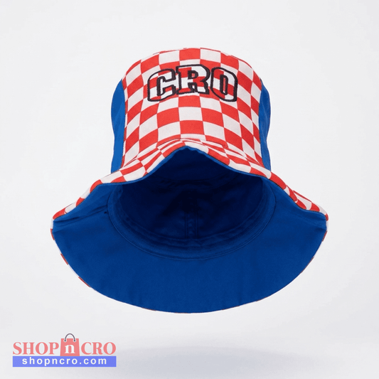 A bucket hat featuring a red and white checkered pattern on the crown with 'CRO' embroidered in black and white on the front, and a solid royal blue brim and side panels, shown against a plain white background. Cylinder Hat Croatia