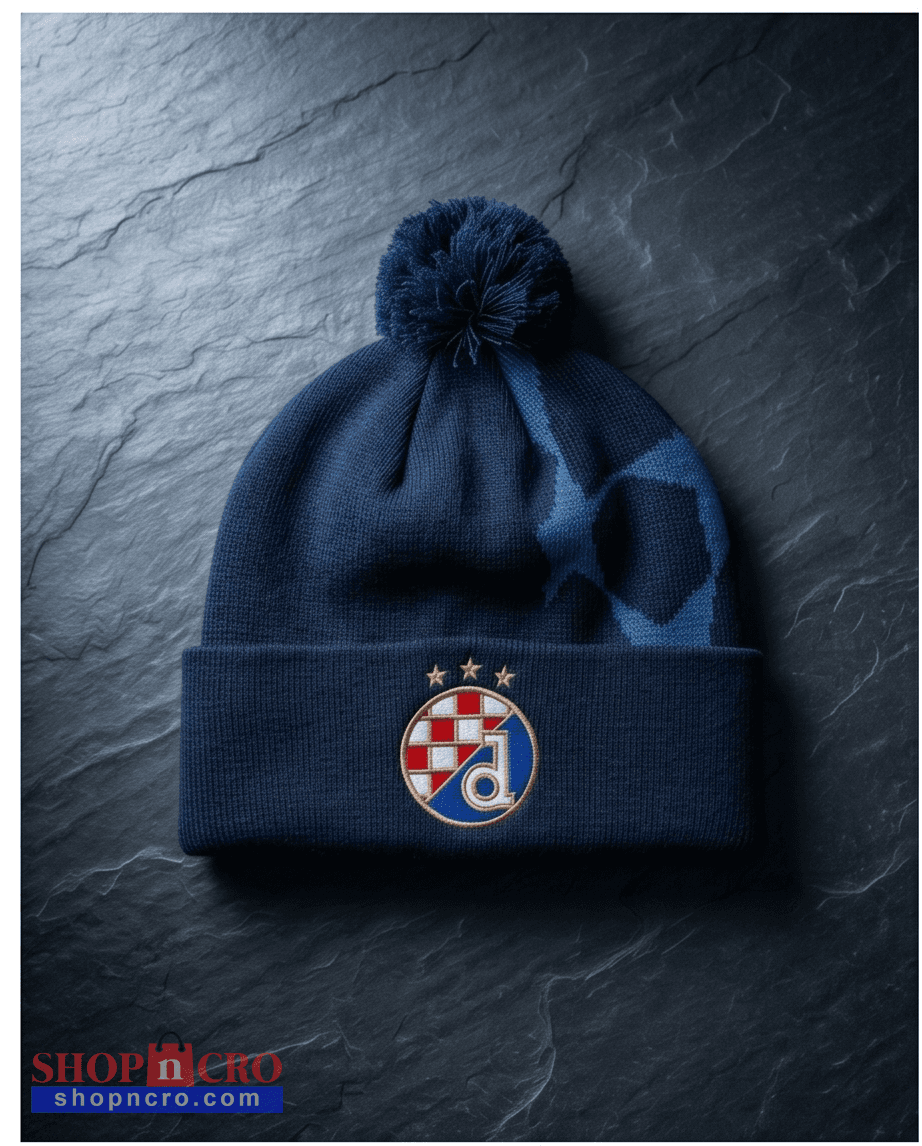 Beanie Dinamo Zagreb UCL Blue beanie with a logo on a dark textured surface
