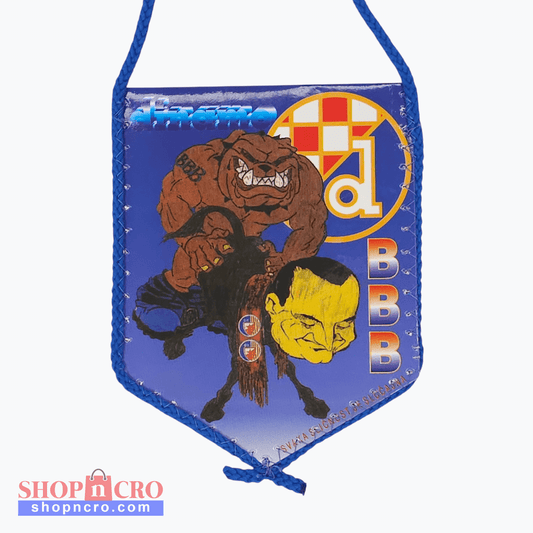 Dinamo BBB Car Flag, Small banner with a bear and face design, featuring colors and text on a blue background.
