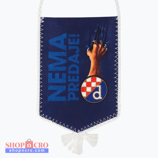 Dinamo Nema Predaje Car Flag. Felt banner with 'NEMA PREDAJE!' text and a logo on a blue background