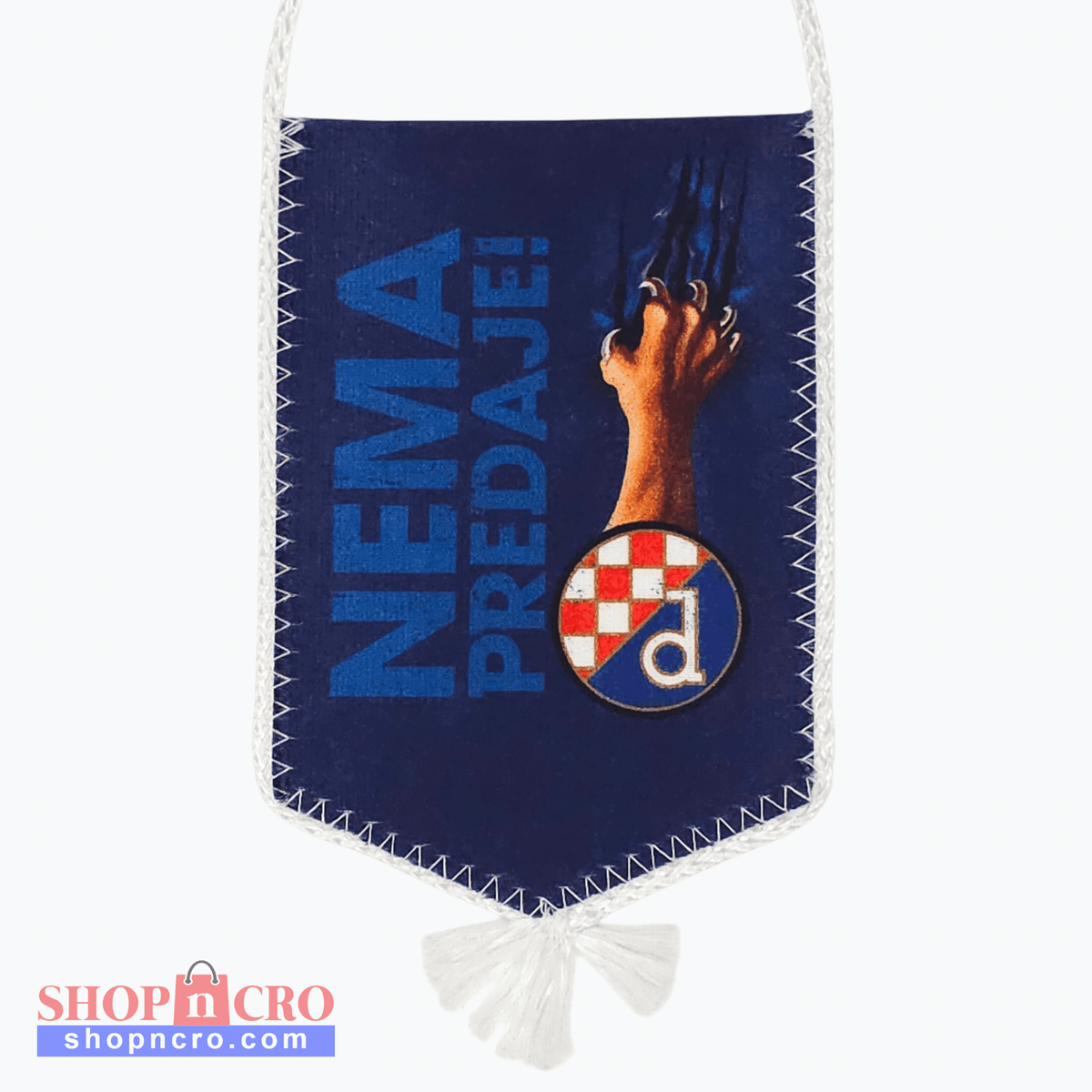 Dinamo Nema Predaje Car Flag. Felt banner with 'NEMA PREDAJE!' text and a logo on a blue background