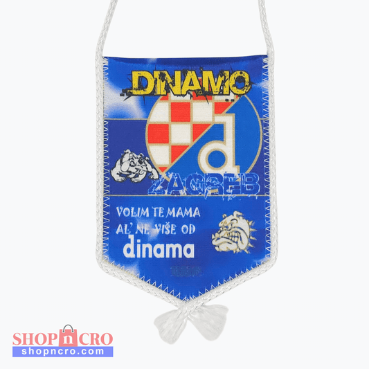 Dinamo Volim Te Car Flag. Vintage Dinamo Zagreb sports team banner with blue background and white border