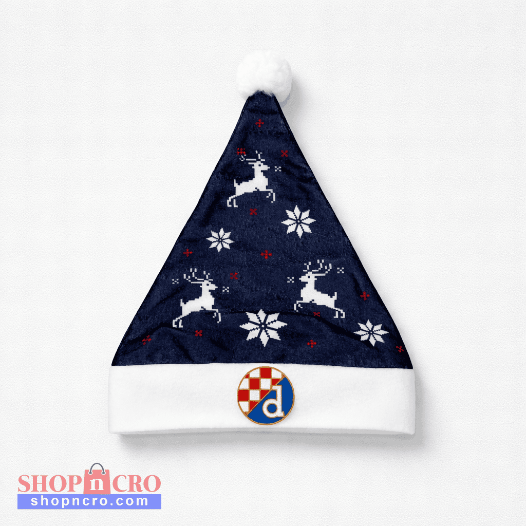 Dinamo Zagreb Christmas Hat Navy blue Santa hat with reindeer and snowflake patterns on a white background