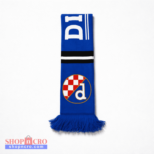 Dinamo Zagreb Scarf BW Stripe Blue scarf with a logo and text on a white background
