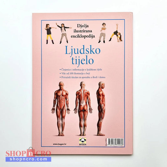Dječje Ilustrirane Enciklopedije – Ljudsko Tijelo Book cover of 'Ljudsko tijelo' with illustrations of human bodies on a pink background