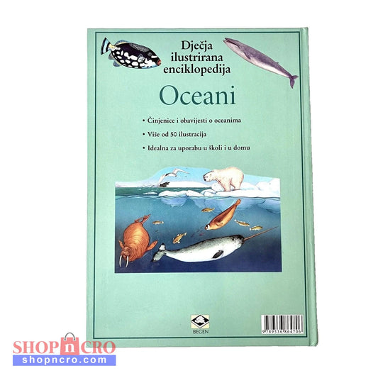 Dječje Ilustrirane Enciklopedije – Oceani Book cover of 'Oceani' with illustrations of ocean animals on a light green background