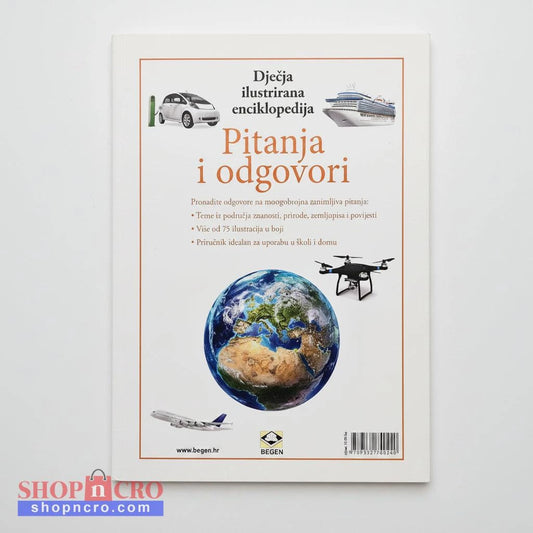 Dječje Ilustrirane Enciklopedije – Pitanja i Odgovori Book cover with illustrations of a car, boat, airplane, and drone on a white background