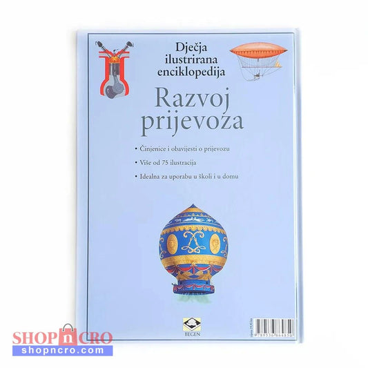 Dječje Ilustrirane Enciklopedije – Razvoj Prijevoza Book cover with illustrations of a hot air balloon and other elements on a light blue background