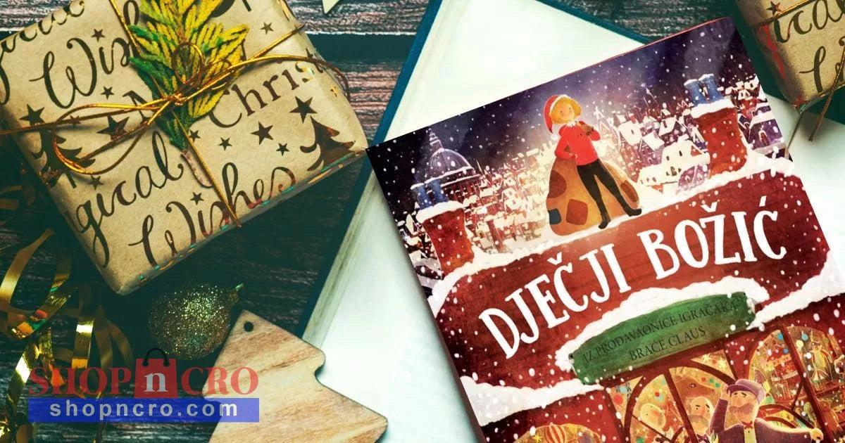 Dječji Božić Christmas card with festive design and gift box on a wooden surface