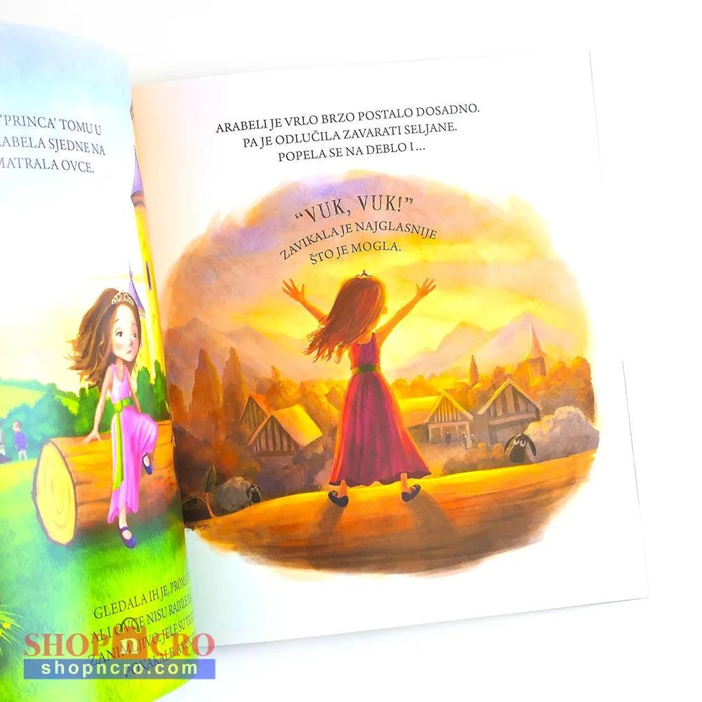 Djevojčica Koja je Vikala Vuk! Book cover with illustration of a woman in a red dress and child in a pink dress against a sunset landscape.