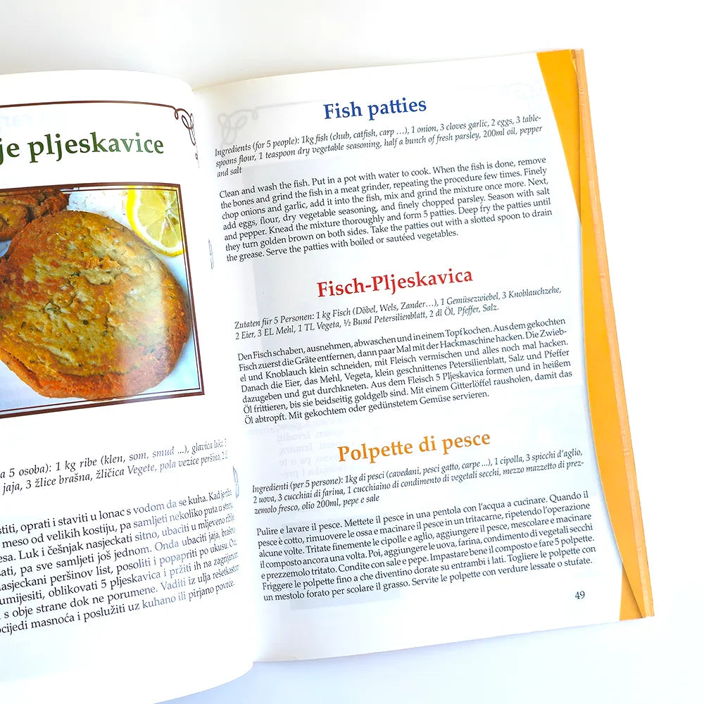 Domaći Specijaliteti (Home‑Made Specialties – 4‑Language Cookbook) Open cookbook showing a recipe for fish patties with an image of the dish on a white background.