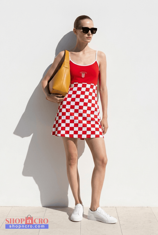 Dress Croatia Woman wearing a red tank top and checkered skirt with a yellow bag against a white background
