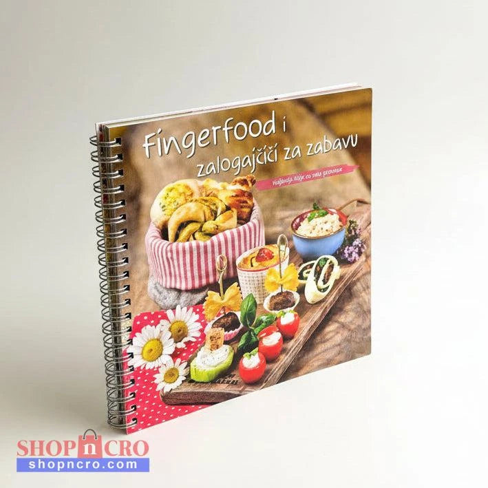 Fingerfood & Zalogajčići Cookbook titled 'Fingerfood i zalogaćiá za zabavu' with images of food on a white background