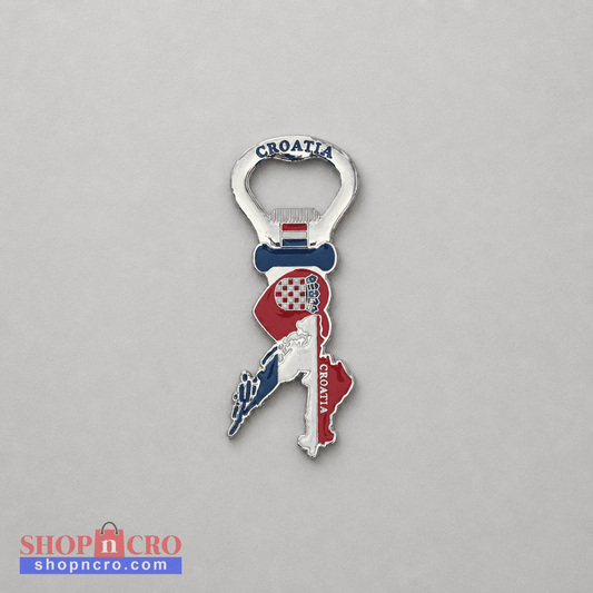 A metal Croatia-themed bottle opener with an enamel map design in red, white, and blue, featuring the word 'CROATIA' on the opener loop and a small Croatian flag accent. Fridge Magnet Bottle Opener Croatia