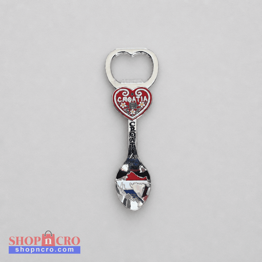 Fridge Magnet Bottle Opener Spoon A silver spoon-shaped bottle opener with a heart-shaped head featuring the red and white Croatia flag and the word 'CROATIA' in white script.