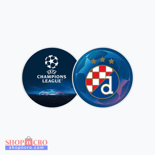 Fridge Magnet Dinamo Logos of UEFA Champions League and a football club on a white background