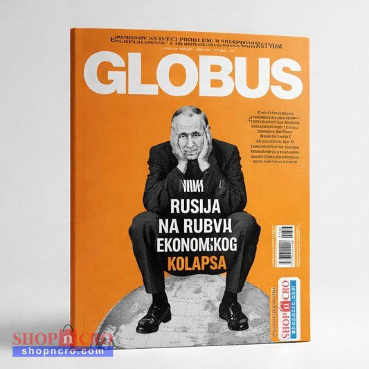 Globus Magazine Croatian Magazine cover with a person sitting on a globe, featuring the title 'Globus' and text in a foreign language.