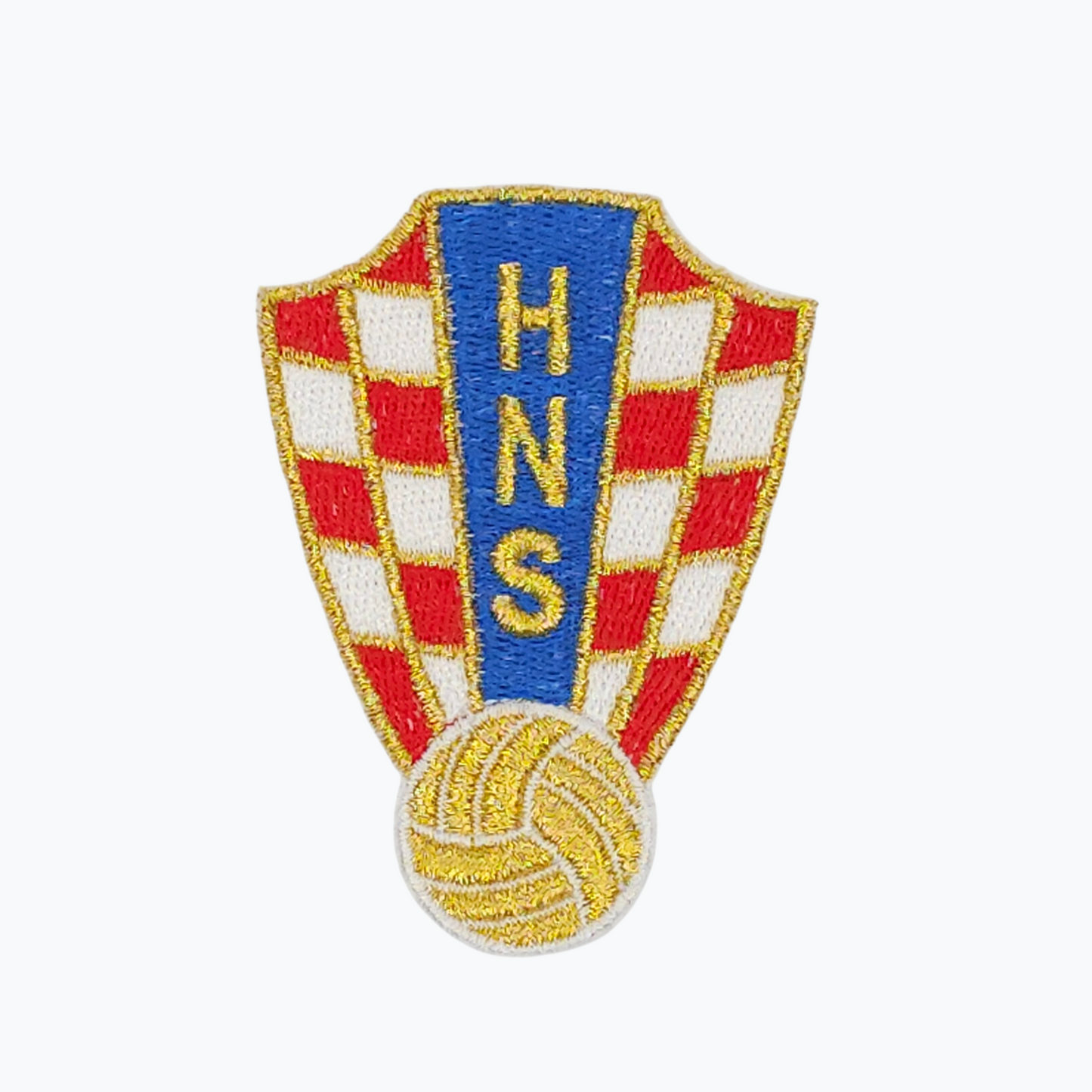 HNS Clothes Patch. Embroidered patch with red and white checkered design, blue banner with 'HNS' text, and yellow volleyball on a white background.