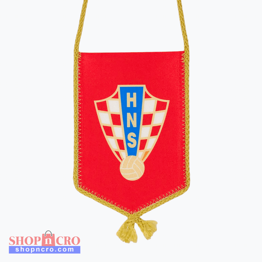 HNS Red Car Flag. Red banner with a central emblem featuring 'HNS' on a white background