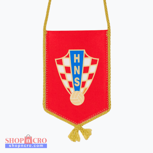 HNS Red Car Flag. Red banner with a central emblem featuring 'HNS' on a white background