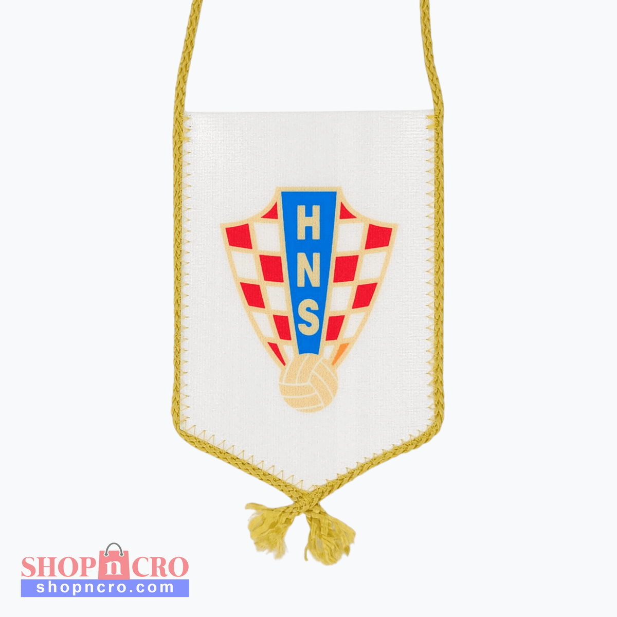 HNS White Car Flag. Small flag with a crest and 'HNS' letters on a white background