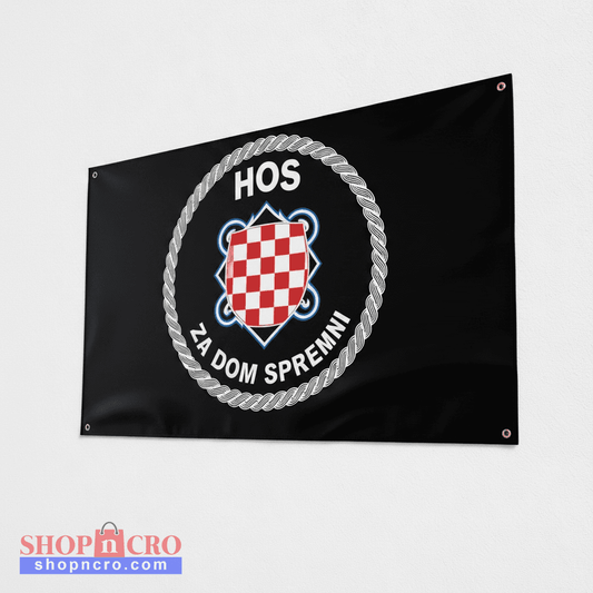 HOS Flag single sided 150x90 Black flag with a red and white checkered shield and text on a light gray background