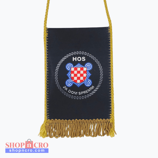 H O S Emblem Car Flag . Black pouch with gold fringe and embroidered logo on a white background