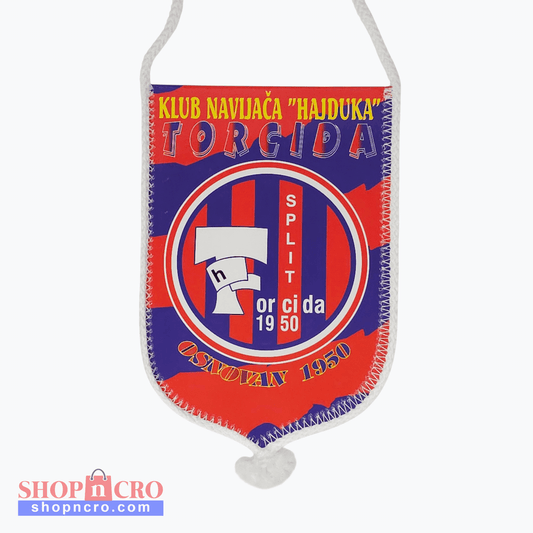 Hajduk Torcida 2-Sided Car Flag. Felt flag with 'Hajduk' branding and text on a white background