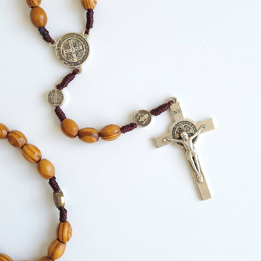 Handcrafted Wooden Saint Benedict Rosary – Gold‑Tone Crucifix & Medals
