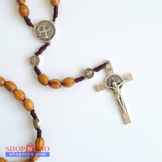 Handcrafted Wooden Saint Benedict Rosary – Silver Tone Crucifix & Medals