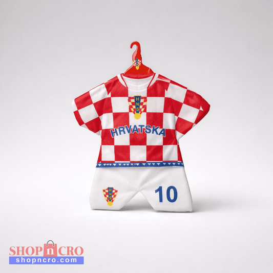 Hanging Decor Team Croatia - Double‑Sided Design with HNS Details Red and white checkered shirt with 'Hrvatska' text and number 10 on a hanger against a light gray background