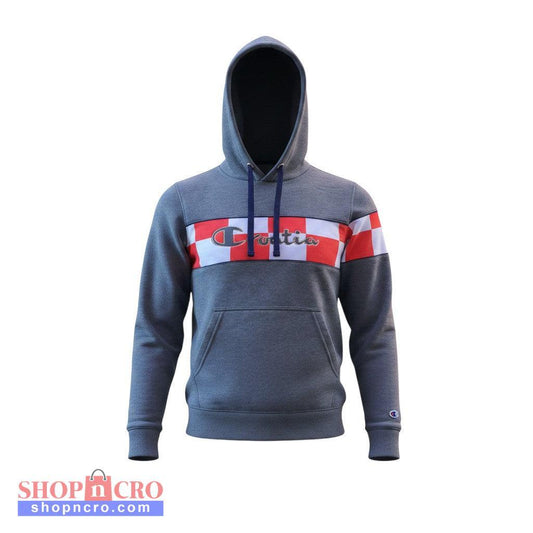 Hoodie Croatia in Grey Gray hoodie with red, white, and blue stripe on a white background