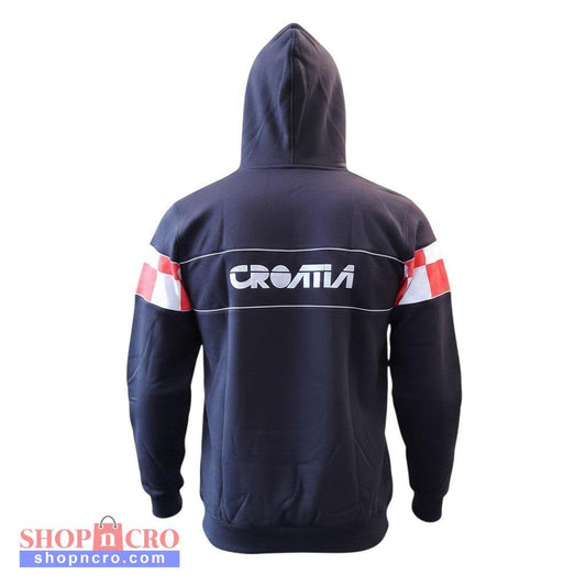 Navy hoodie with 'Croatia' text on the back against a white background
