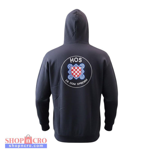 Black hoodie with a logo on the back against a white background