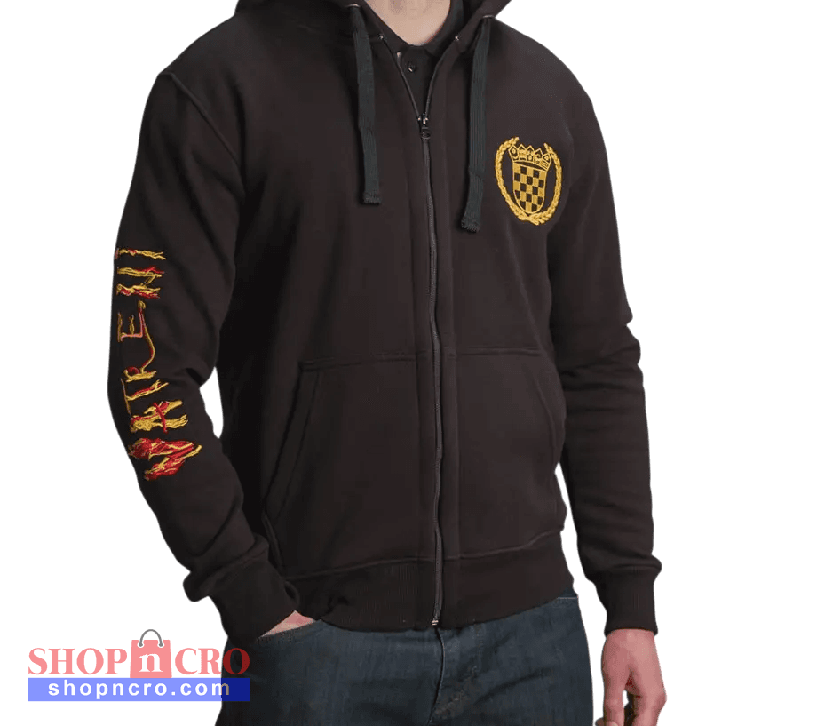Black hoodie with yellow and red design on sleeve and chest, worn by a person.