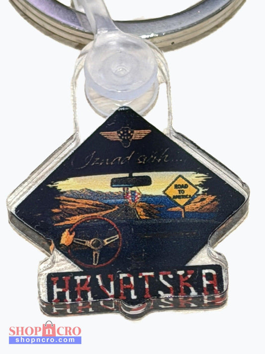 Hrvatska Iznad svih… acrylic Keychain Keychain with a diamond-shaped design featuring a car interior and text on a white background